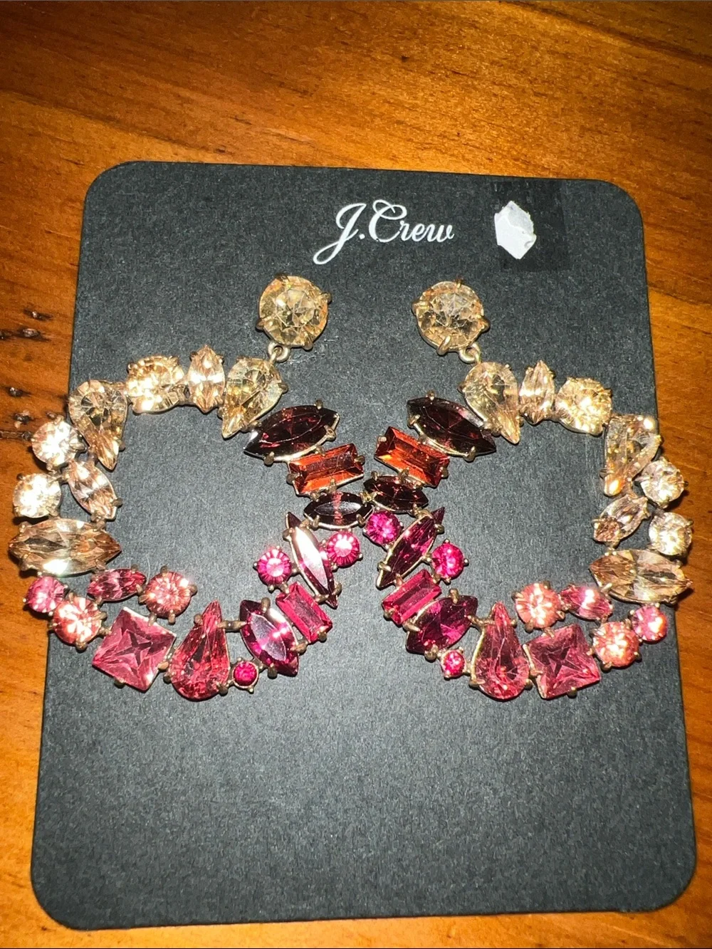 J. Crew Pink and Gold Crystal Hoop Statement Earrings
